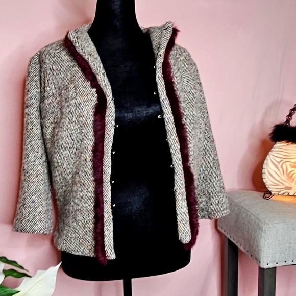 Burgundy Faux fur jacket size 2 whool and silk - Picture 1 of 11